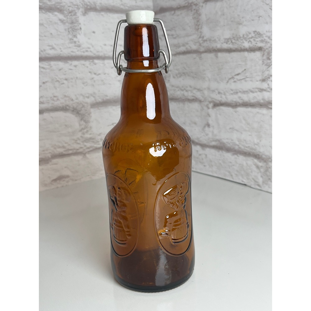 Vintage Fischer Biere d Alsace Amber Glass Swing Top Bottle Embossed France